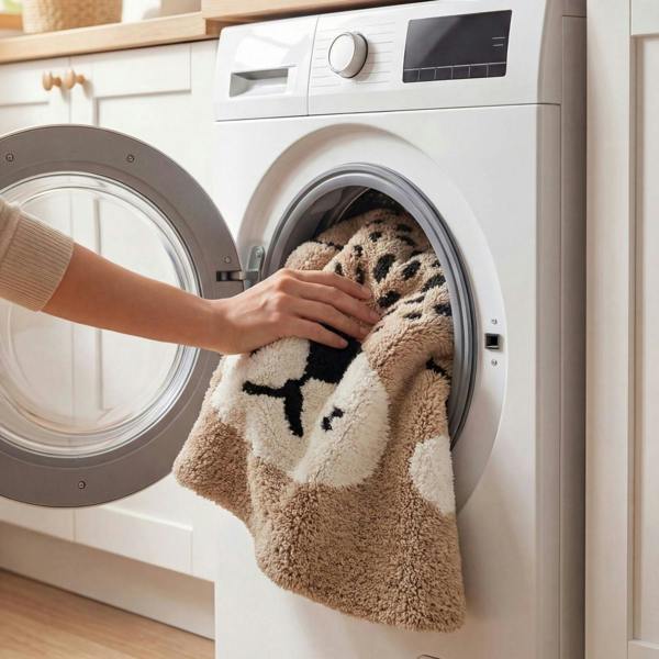 Person placing a towel with a cat design into a washing machine.
