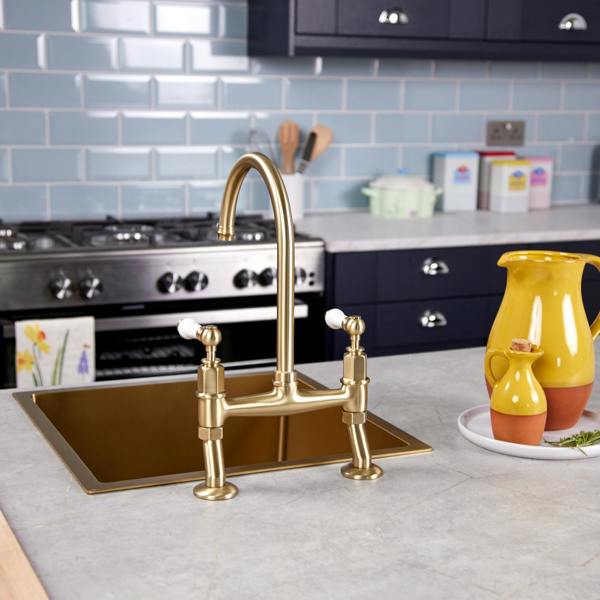 Flode Larvik | Kitchen Dual Lever Bridge Mixer Tap | Brushed Brass Finish