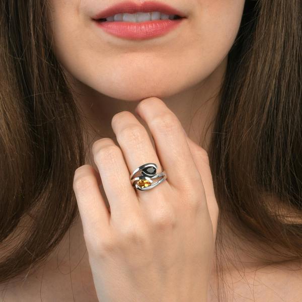 namana 925 Sterling Silver Ring with Pear-Shaped Citrine & Smoky Quartz Gemstones
