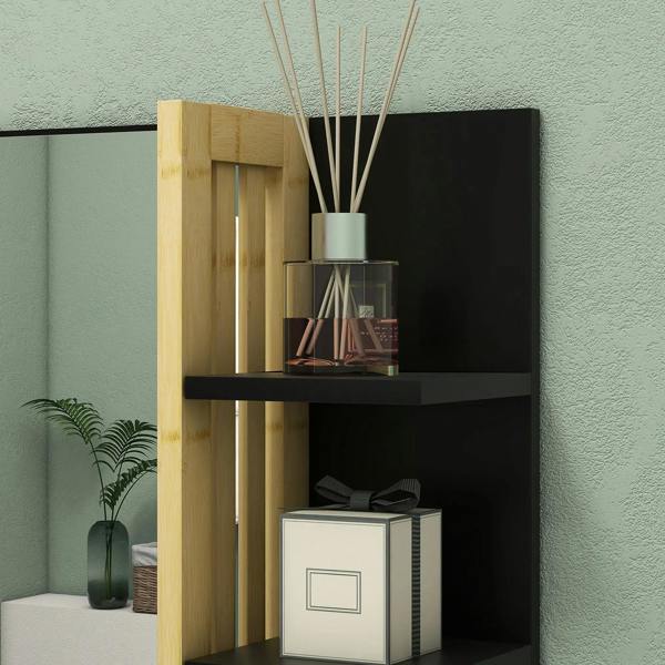 Bathroom mirror with bamboo door panel and black shelving, accessories on shelves