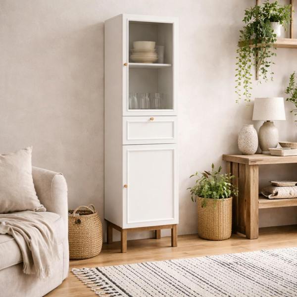 Wyld Haus Niva Light Grey and Natural Oak Effect Display Cabinet 2 Doors 1 Drawer