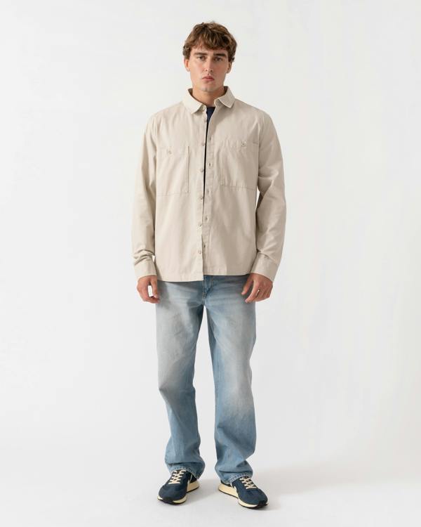 Outfit shot of Belstaff Mens Outpost Shirt Cotton Herringbone - Pale Stone