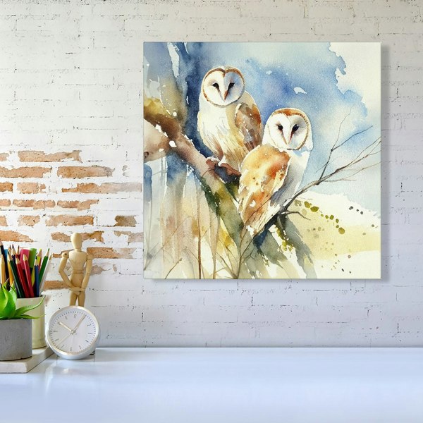 Warren Reed Barn Owls Watercolour Canvas