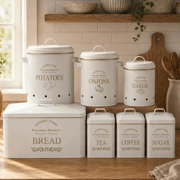 Maison des Cadeaux 7-Piece Set Canisters Bread Tea Coffee Sugar Veg Bins -General Store Farmhouse