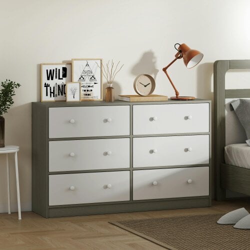 HOMCOM Chest of Drawers, Wide Dresser with 6 Grey Fabric Drawers & Steel Frame for Bedroom, Living Room, Hallway - Rustic Brown - White