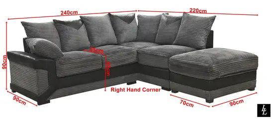 Snug Furniture Dino Jumbo Cord Right Hand Facing Corner Sofa Black & Grey
