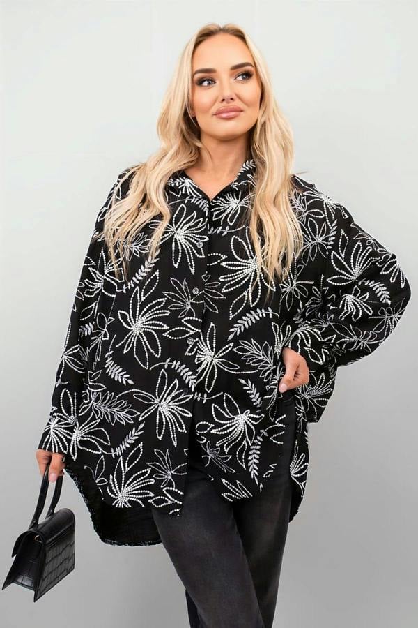 Erin Floral Print Oversized Long Sleeve Button Down Top - Black