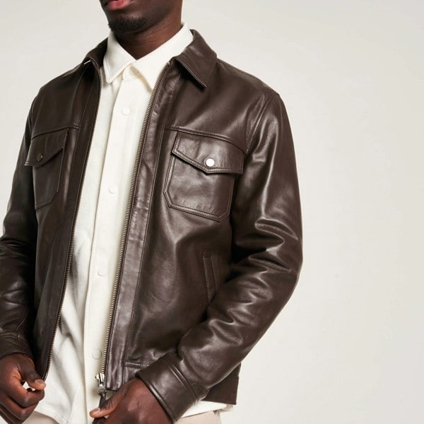 Barneys Originals Men's Brown Leather Patch-Pocket Harrington Jacket