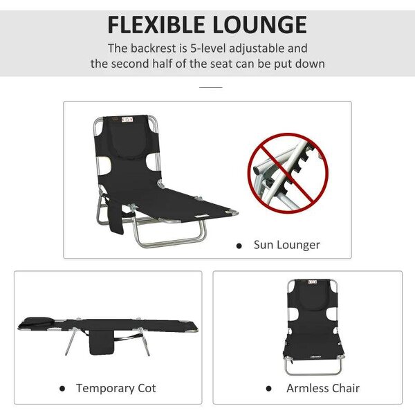 Foldable Sun Lounger, Beach Chaise Lounge - Reading Hole, Arm Slots, 5-Position Adjustable Backrest, Side Pocket, Pillow for Garden, Black