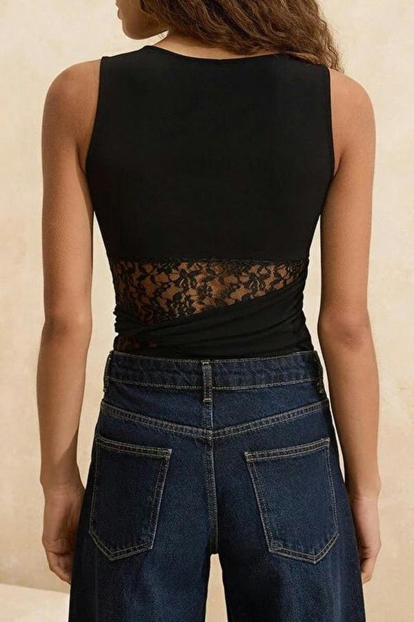 WOVCOR Lace Detail Transparent Knitted Bodysuit