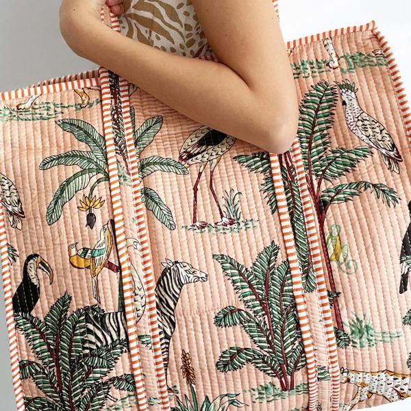 Hayley & Co Jungle Print Large Quilted Cotton Tote Shoulder Bag in Peach