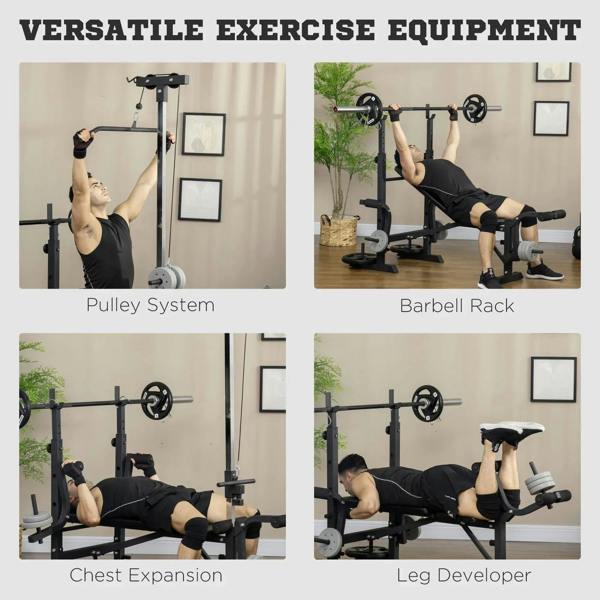 Versatile workout bench with pulley system, barbell rack, chest press and leg developer