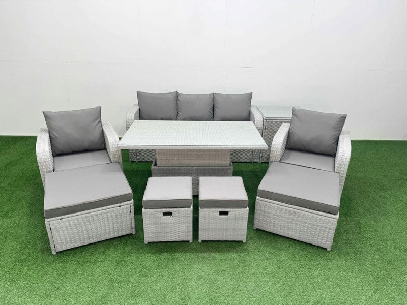 Fimous 9 PCs High Back Reclining Chair Sofa Dining Set Rising Table With Stools Light Grey