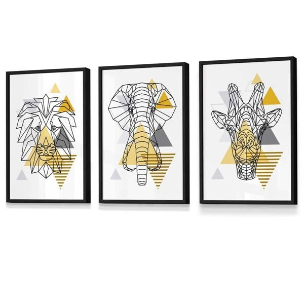Artze Wall Art Yellow Geometric Giraffe Lion Elephant Set of 3 Framed Wall Art