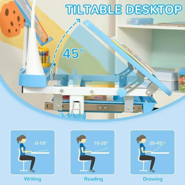 Kids blue study desk with tilting tabletop at 45-degree angle and support arms