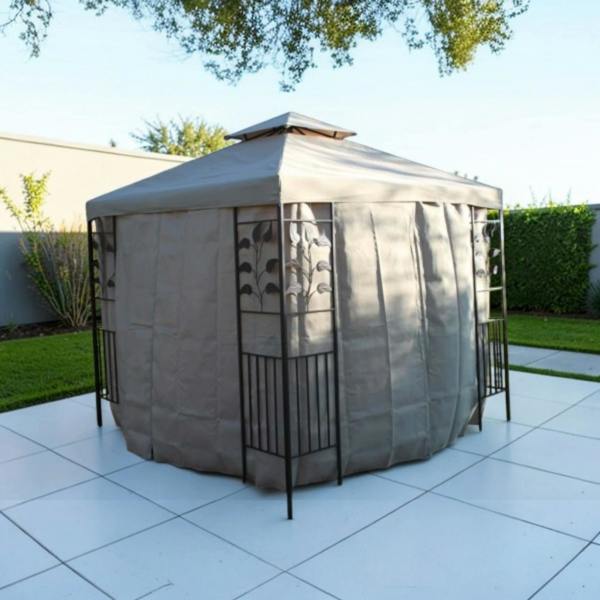 The Garden Marketplace 2.5m Square Gazebo with Beige Polyester Cover and 4 Curtains, Steel Frame with Leaf Corner Design