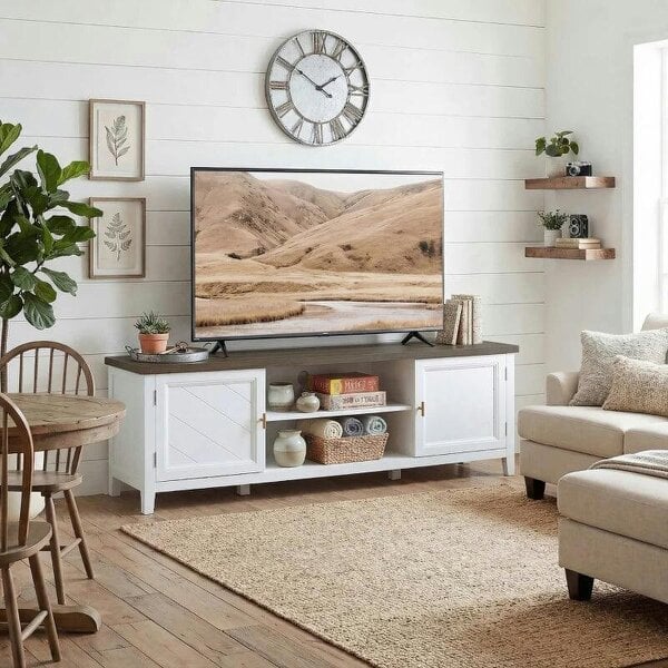 TV Unit for TVs up to 42 Inch, Farmhouse Entertainment Centre with 2 Open Shelves, 2 Cabinets and Thick Top - White