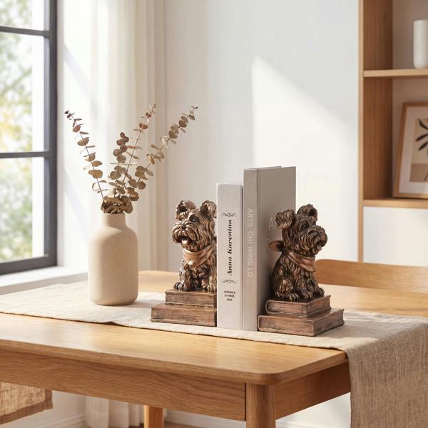 Maison des Cadeaux Bronze Effect Resin Dog Bookends, Vintage Animal Book Supports for Home Office, Library & Living Room Decor (Set of 2)