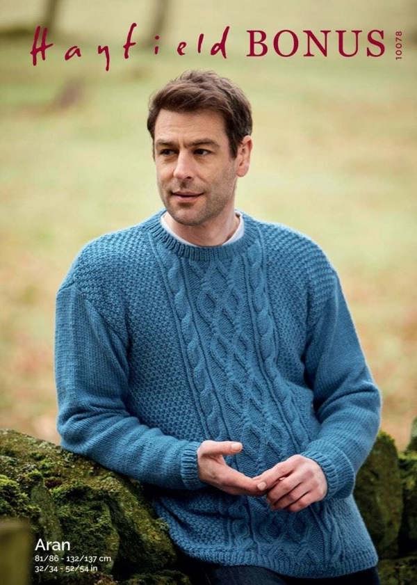 Hayfield Bonus Aran Knitting Pattern 10078, Sweaters for Men, 32 - 54 Inches