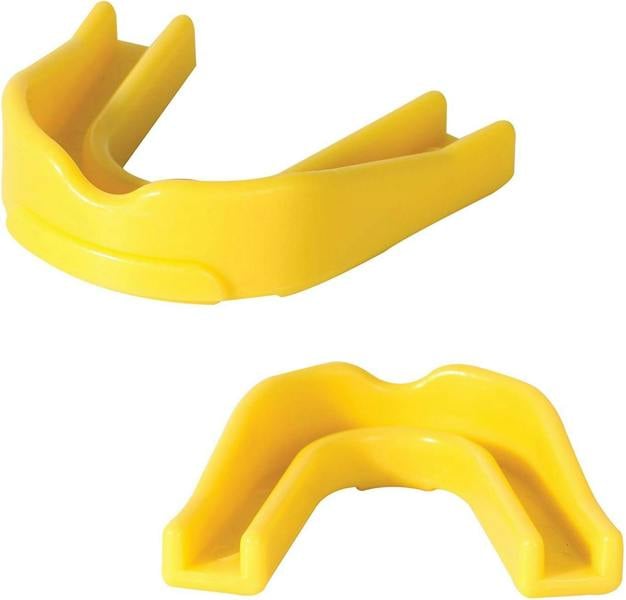 Yellow Optimum Multi-X mouthguard, two views showing side and top-down U-shape, on white - Optimum
