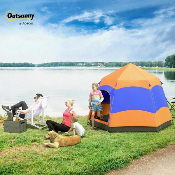 Orange and blue hexagon camping tent with arched front doorway near a lakeside campsite