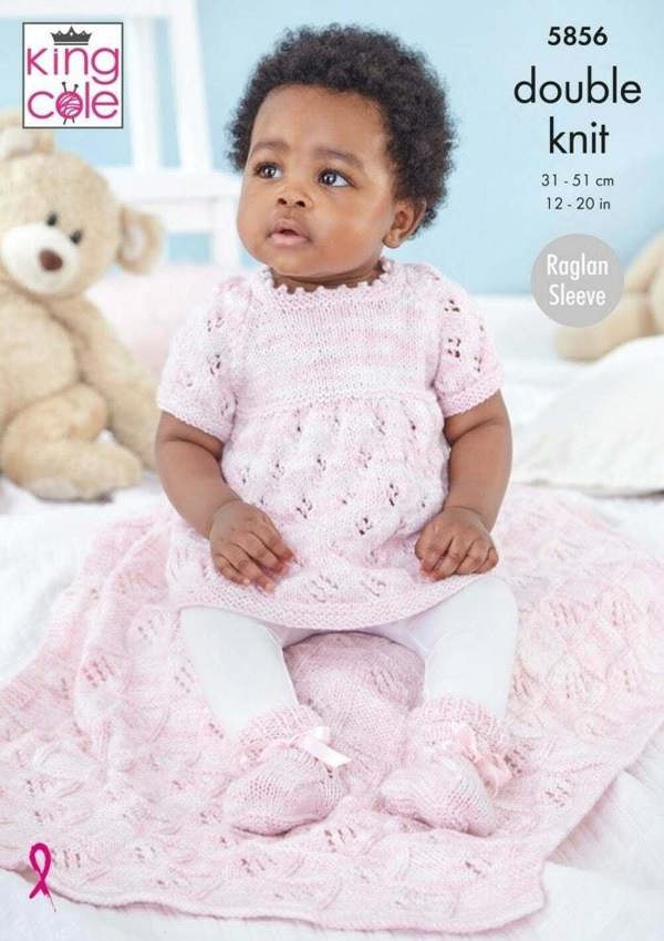 King Cole Little Treasures DK Knitting Pattern 5856, Dresses, Cardigans, Blankets, Shoes for Baby, 12 - 20 Inches
