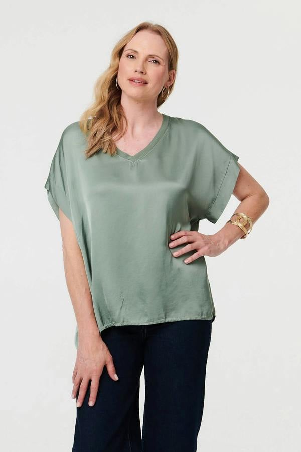 Khaki | Relaxed Batwing Short Sleeve Relaxed Top
