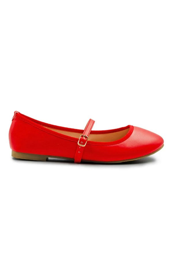 Where's That From Josie Wide Fit Ballerina Flats With Strap Detail in Red Faux Leather