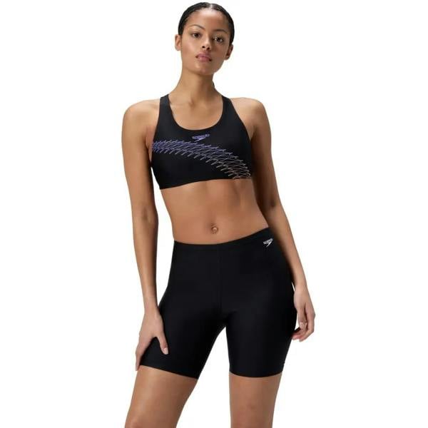 Black Speedo essential solid swim long shorts with purple white design