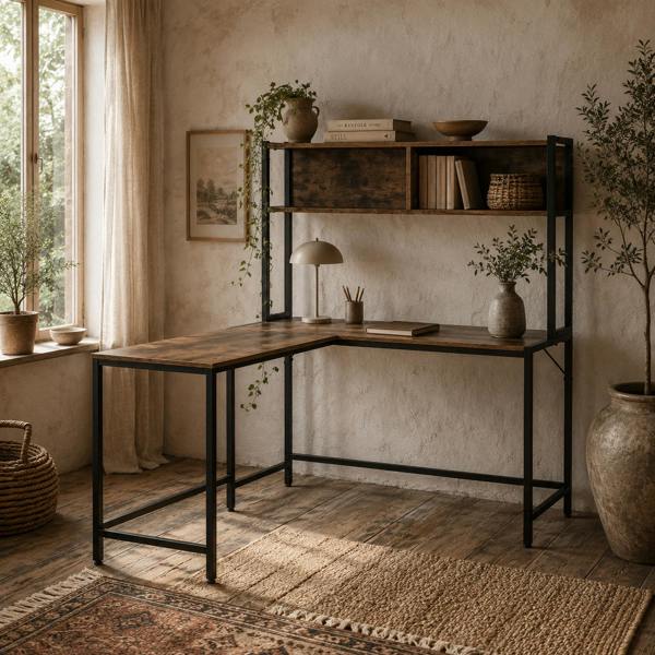 Wyld Haus Monoba 140cm Mani Metal And Wooden Brown Industrial L Shaped Desk With Bookshelf