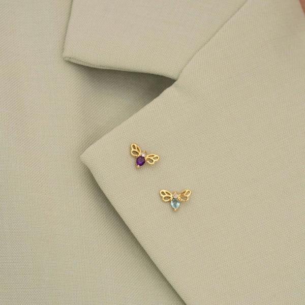 Gemondo Honeycomb Art Nouveau Pear Shape Amethyst and Diamond Bee Pin in 9ct Yellow Gold