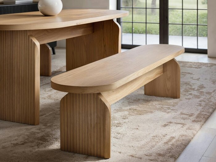SOLACE+CO Varm Wooden Ribbed Dining Table with Bench & Eira Chairs Set