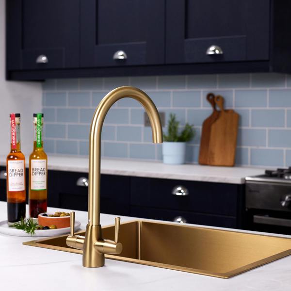 Flode Harstad | Dual Lever Kitchen Sink Mixer Tap with Swivel Spout | Brushed Brass Finish