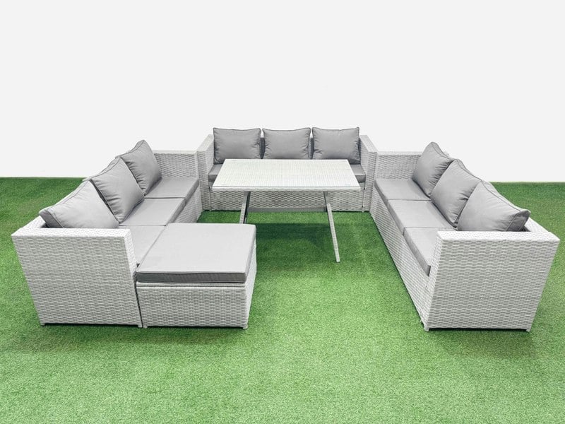 Fimous 10 Seat Outdoor Patio PE Rattan Garden Furniture with Cushions 3 Seater Sofa Big Stool Light Grey