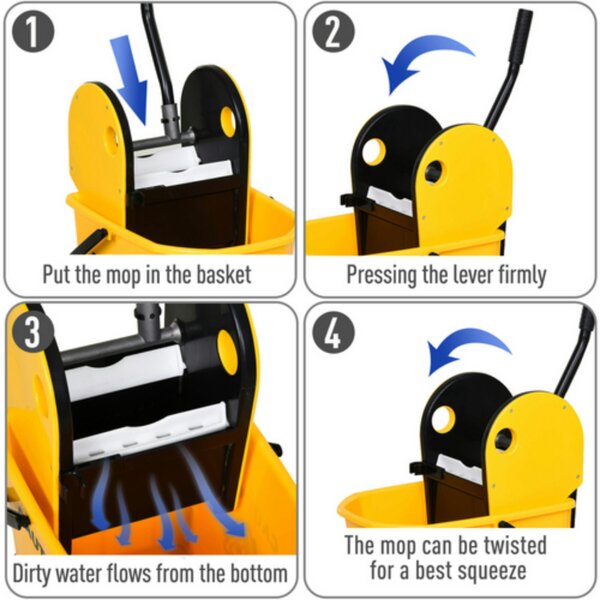Dyzi 26L Mop Bucket with Wringer Handle and Castor Wheels Yellow