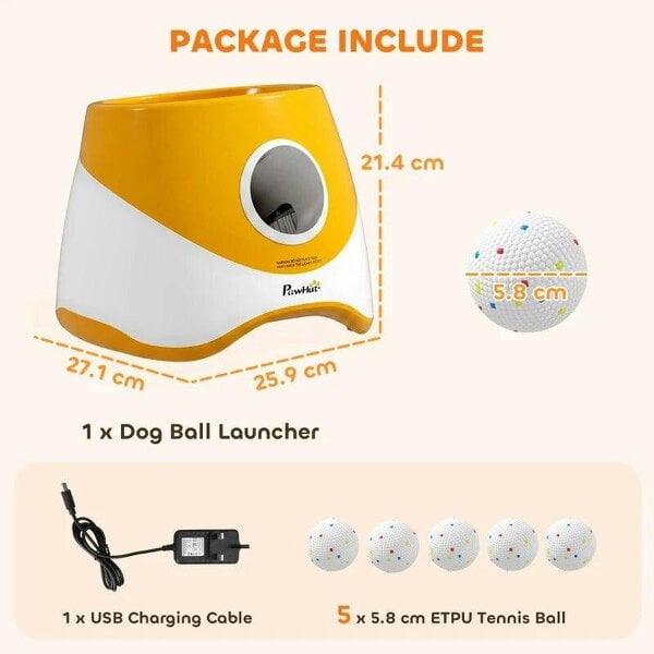 Automatic Dog Ball Launcher with 5 ETPU Balls 5.8 cm, 3 Distance Settings 6/10/14 m, Orange