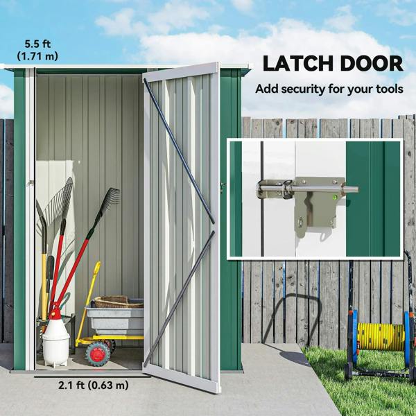 Green metal storage shed with latch-style door and open interior for tools