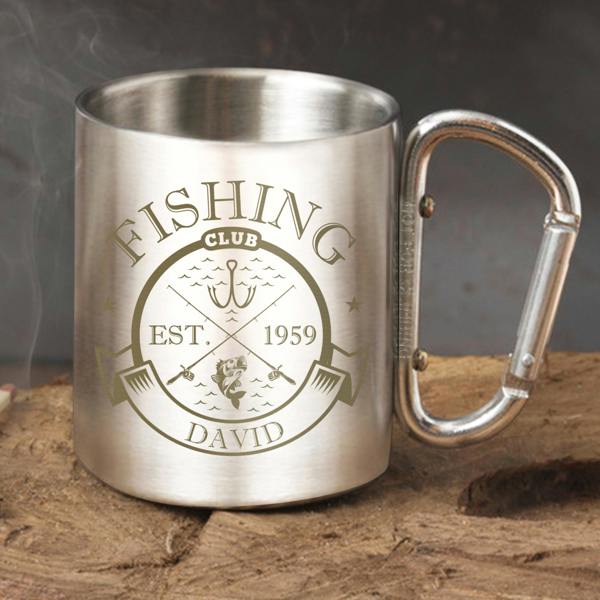Abode Home & Gifts Personalised 'Fishing Club' Carabiner Stainless Steel Mug