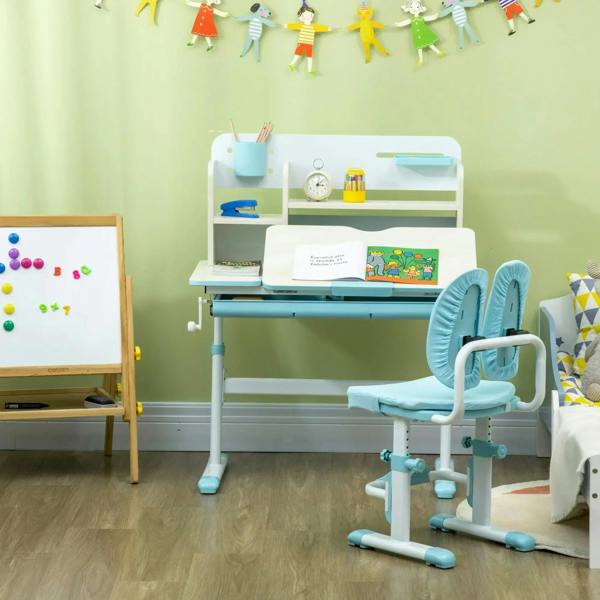 Kids desk and chair set with storage shelves and blue padded chair in a child-friendly setup