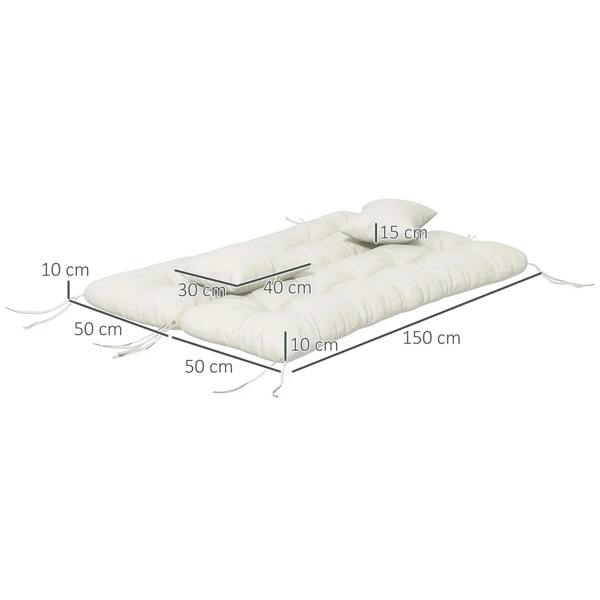 White seat/back cushions with two pillows and tie strings; approx 150x50 cm