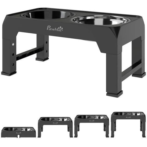 Black raised foldable dog bowl stand with two stainless steel bowls