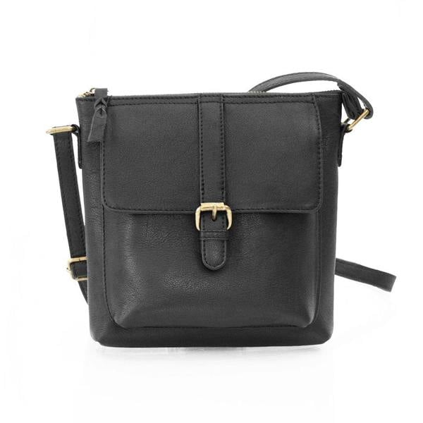 A sleek black leather crossbody bag featuring a modern design, perfect for women on-the-go