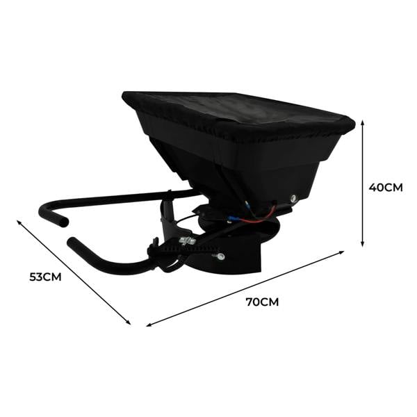 ATV mounted spreader with a black hopper, sturdy frame, and dimensions of 70cm x 53cm x 40cm, ideal for efficient spreading