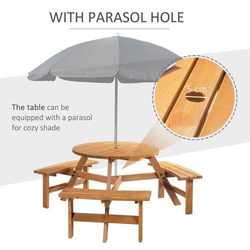 Wyld Haus Bare Wood Brown Red 6 Seater Round Picnic Table With 3 Benches And Parasol Hole