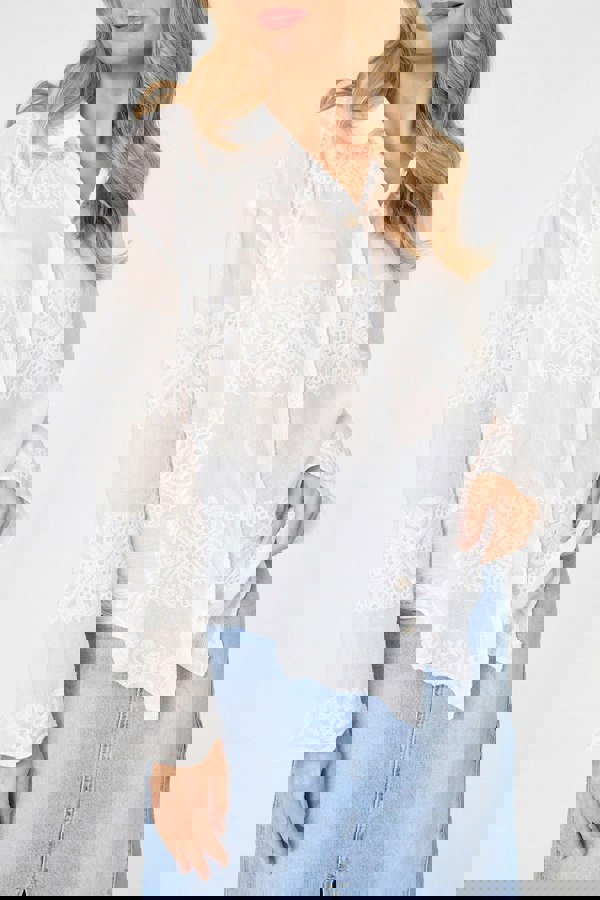 White | Embroidered Textured Long Sleeve Shirt
