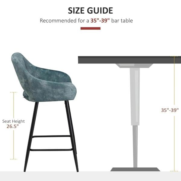 Blue velvet-touch counter height bar stool with padded seat, quilted back, and black steel base