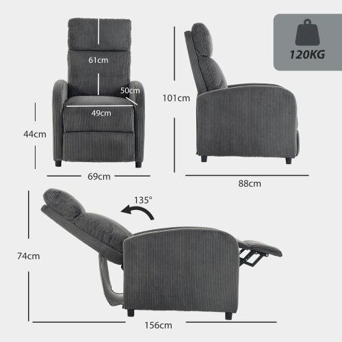 HOMCOM Recliner Armchair, Corduroy Push Back Reclining Chair, Dark Grey