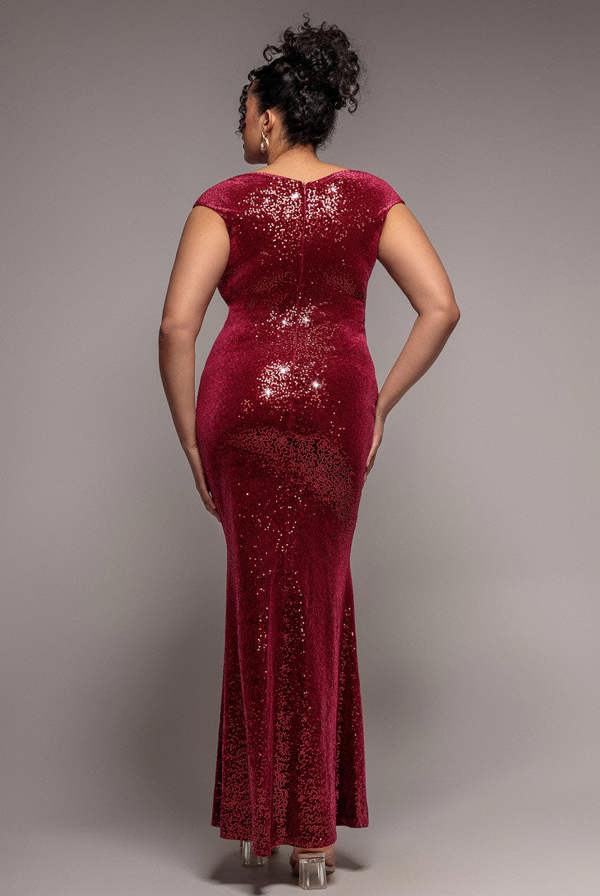Goddiva Plus Sequin & Velvet Bardot Maxi Dress - Wine by Goddiva Plus