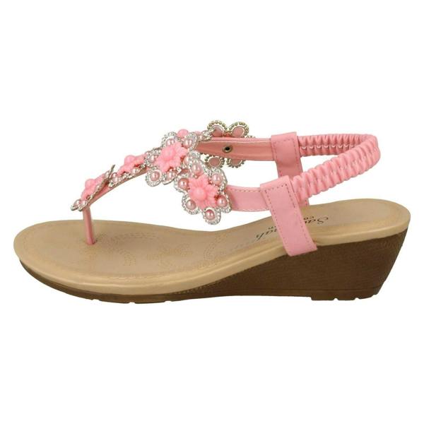 Savannah Ladies Savannah Mid Wedge Toepost Flower Trim Sandals