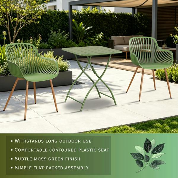 Core Products 3 Piece Bistro Garden Set, Pair Of Sunray Armchairs & Square Metal Folding Table, Moss Green With Wood Effect Legs